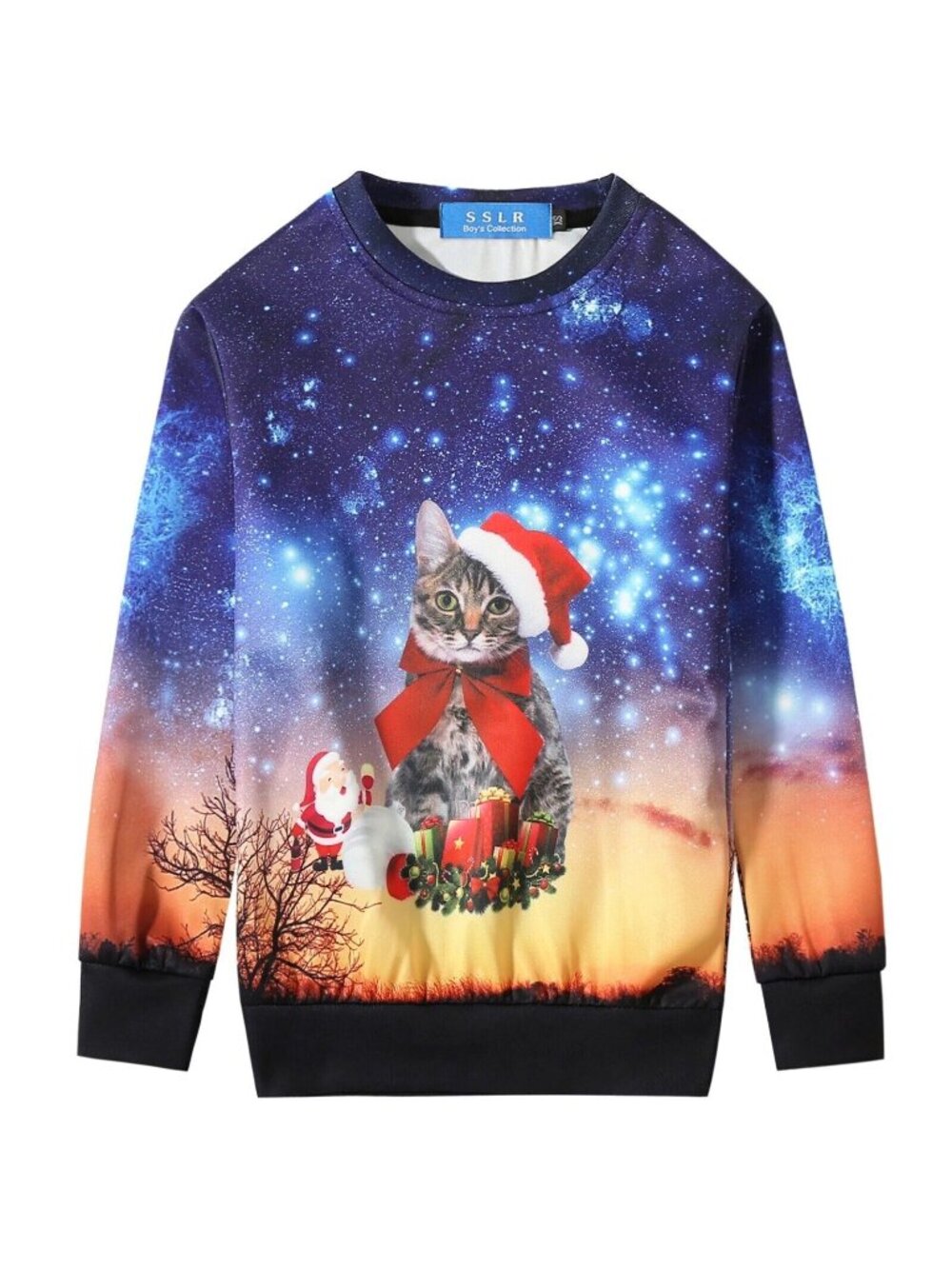 SSLR Boy's Youth Cat Funny Holiday Ugly Christmas Pullover Printed Shirt Gift M